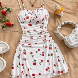 Vestido curto branco e rosa